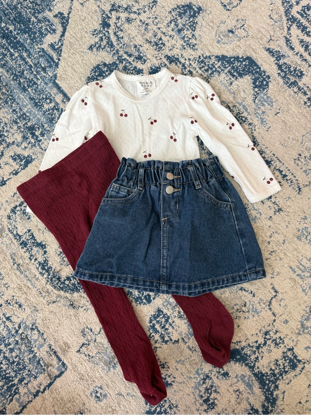 Toddler Cherry Print White Top & Burgundy Tights Matching Set - (Brand: )
